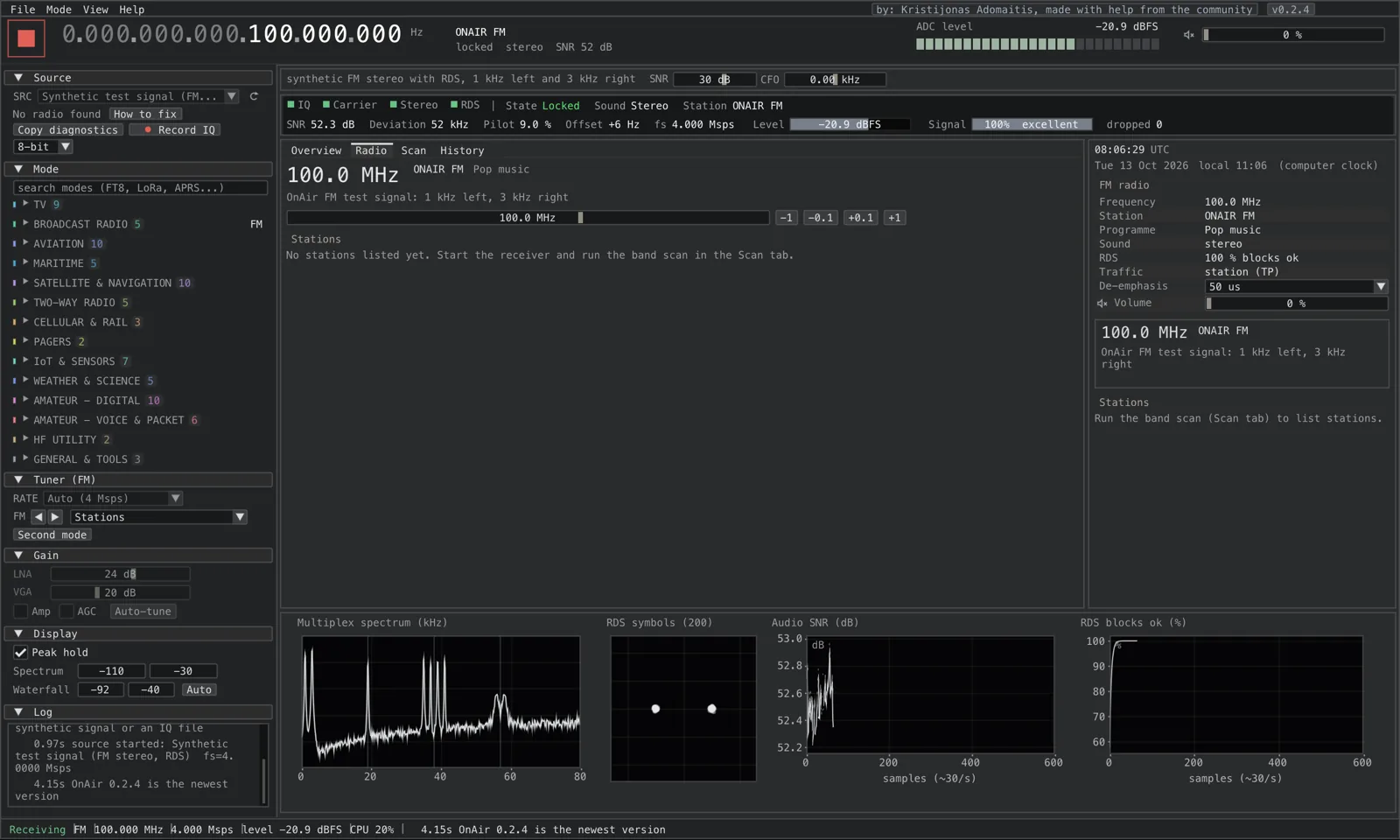 OnAir FM radio screen with spectrum and RDS information